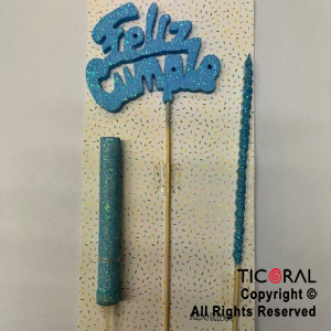 ADORNO DE TORTA SET FELIZ CUMPLE CON BENGALA Y VELA GIBRE CELESTE x 1